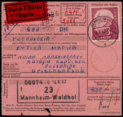 3 DM Heuss als EF. auf portogerechter Express-Auslands-Postanweisung ...