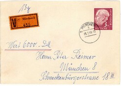 3 DM Heuss als EF. auf portogerechtem Orts-Wertbrief "WERT 6000,- , ...