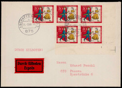 20+10 Pf. Aschenputtel im 5er.-Eckrandblock mit Formnummer "1" auf ...