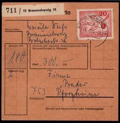 20 Pf. Europa 1965 (9), ein Wert vds. als Massen-MEF. auf Paketkarte ...