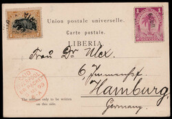 1 C. und 2 C. Freim. 1896 auf Auslands-AK  "MONROVIA EXECUTION BY ...