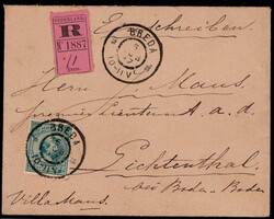 22 1/2 C. Wilhelmina als EF. auf Reco.-Auslandsbrief  "BREDA" 1897 ...