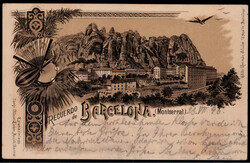 Barcelona,  herrliche Litho-AK  "Berg und Kloster Montserrat" 1896  ...