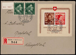 Pro Juventute-Block 1941 nebst 5+5 C. Wert (2) auf Reco.-Brief ...