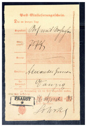 "PRAUST", guter R2 klar auf Posteinlieferungsschein 1883, waagrechter ...