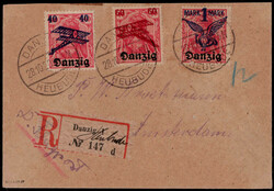 Flp. 1920 kpl. auf Reco.-Auslandsbrief "DANZIG 1 d" mit hds. Vermerk ...