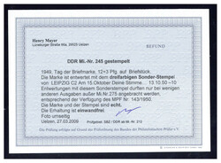 12+3 Pf. Tag der Briefmarke 1949 auf Bfstk. mit dreifarbigem SST ...