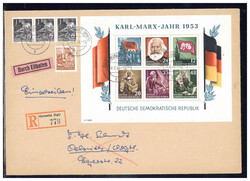 Marxblock gezähnt nebst 1 Pf. (3) und 8 Pf. Fünfjahresplan auf ...