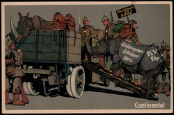Continental, farbige Werbekarte mit Soldaten, Nashörnern und Affen ...