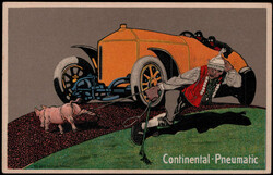 Continental-Pneumatic, farbige Werbekarte m.Abb. Rennauto, Bauer mit ...
