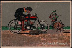 Continental-Pneumatic, farbige Werbekarte mit Abb Motorradfahrer jagt ...