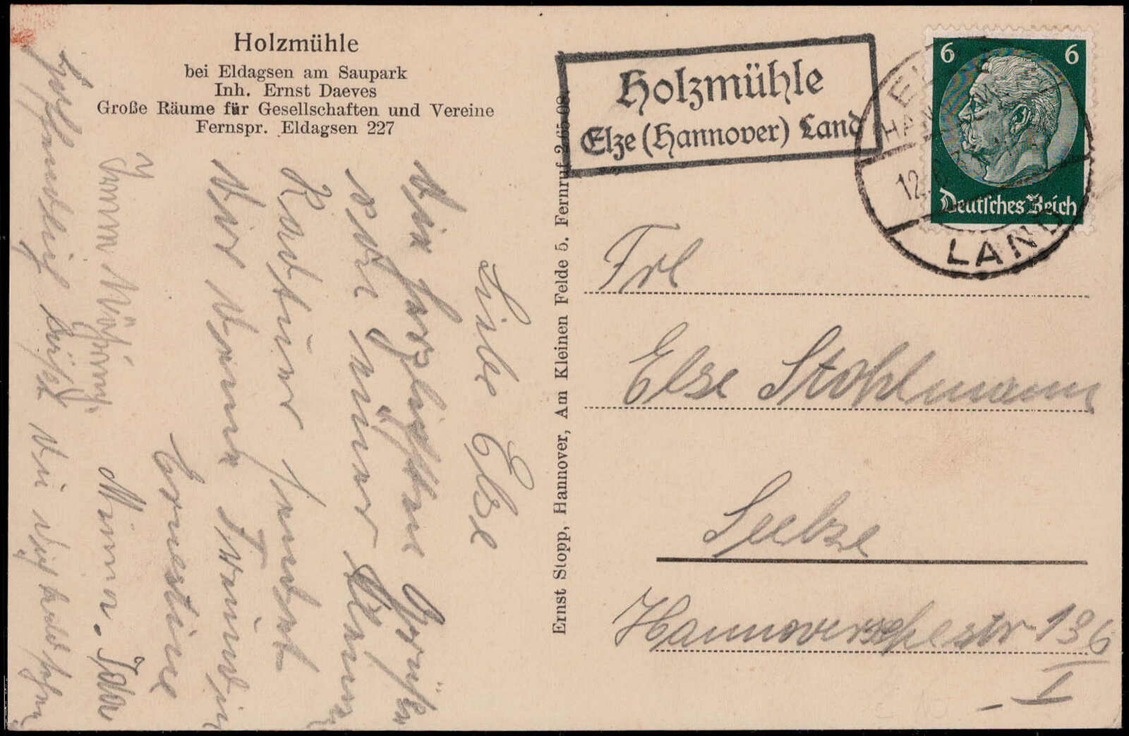 Holzmühle Elze (Hannover) Land  W-3257,  Landpost R2 klar auf AK 1933