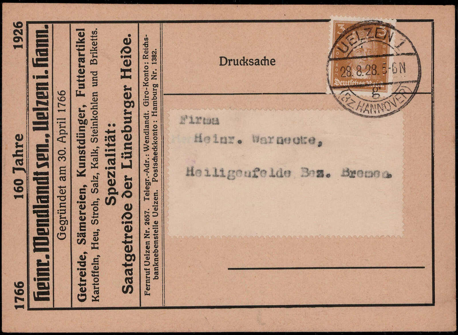 "UELZEN", Firmenlochung  "W"  (Saatgetreide H. Wendlandt) auf DS 3 Pf ...
