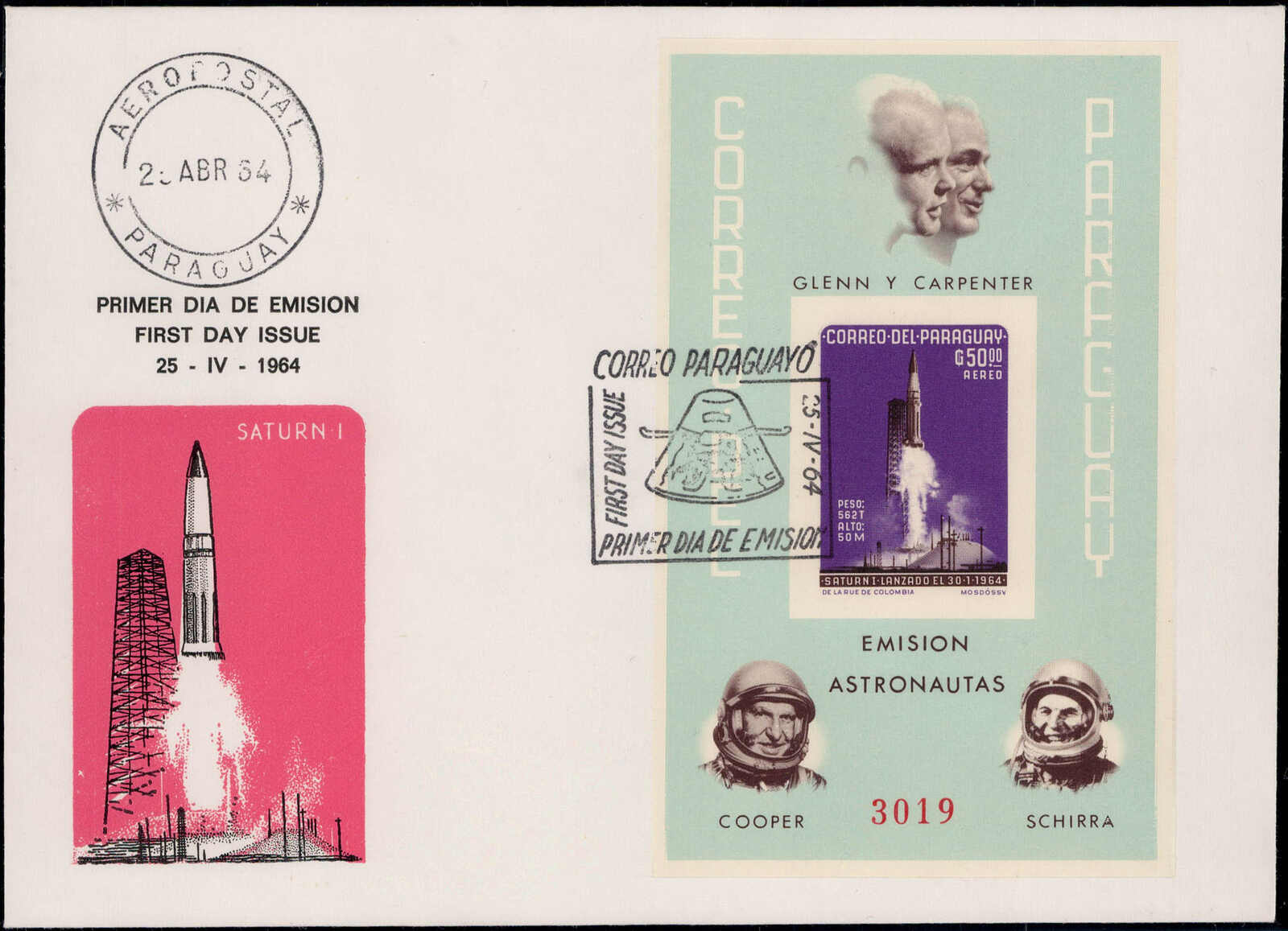 50 G. Raumfahrt 1964 auf illustriertem FDC  (26.- für gestempelt)