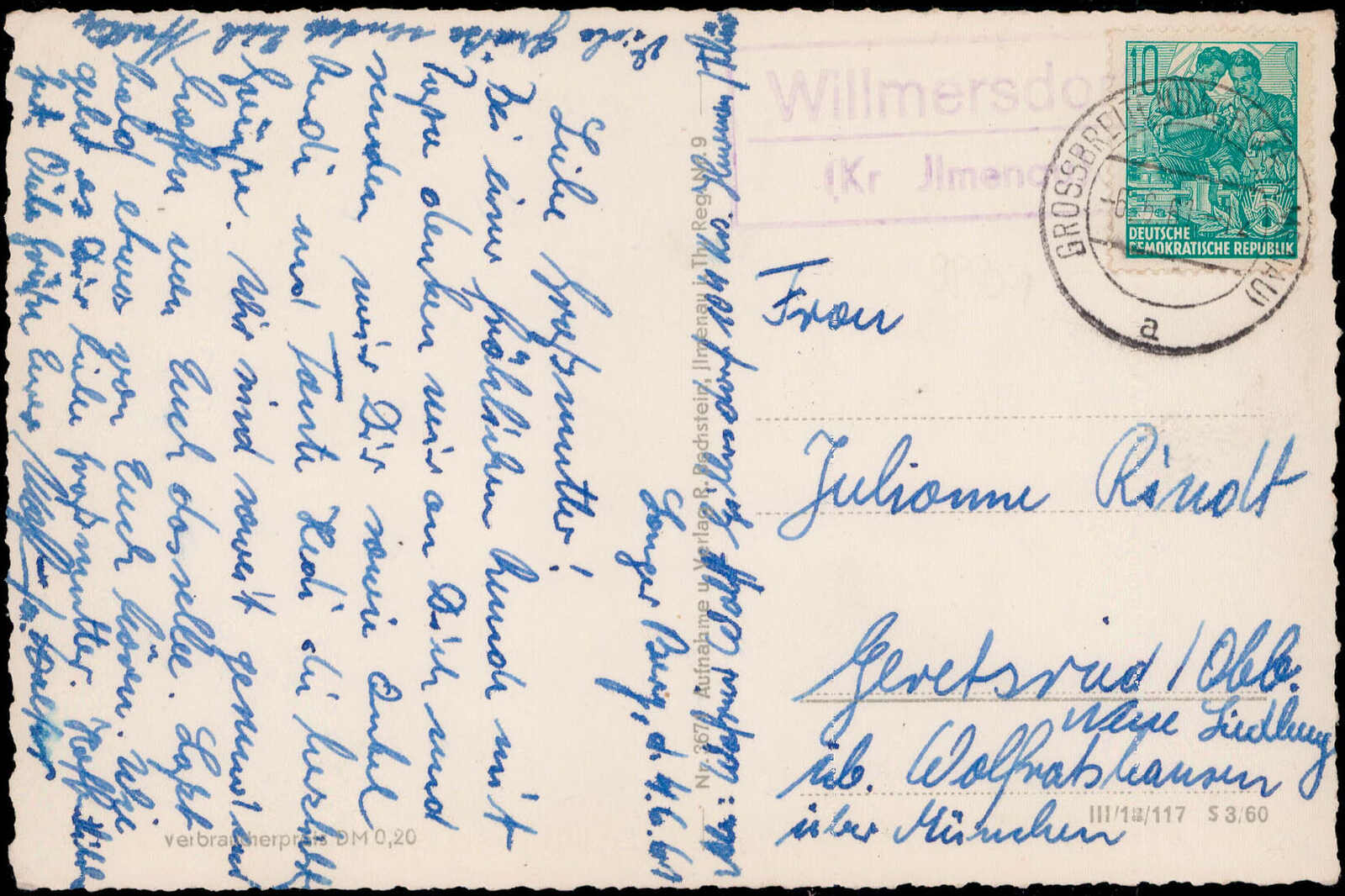 Willmersdorf (Kr. Ilmenau)  O-6301,  violetter Landpost R2 klar auf ...