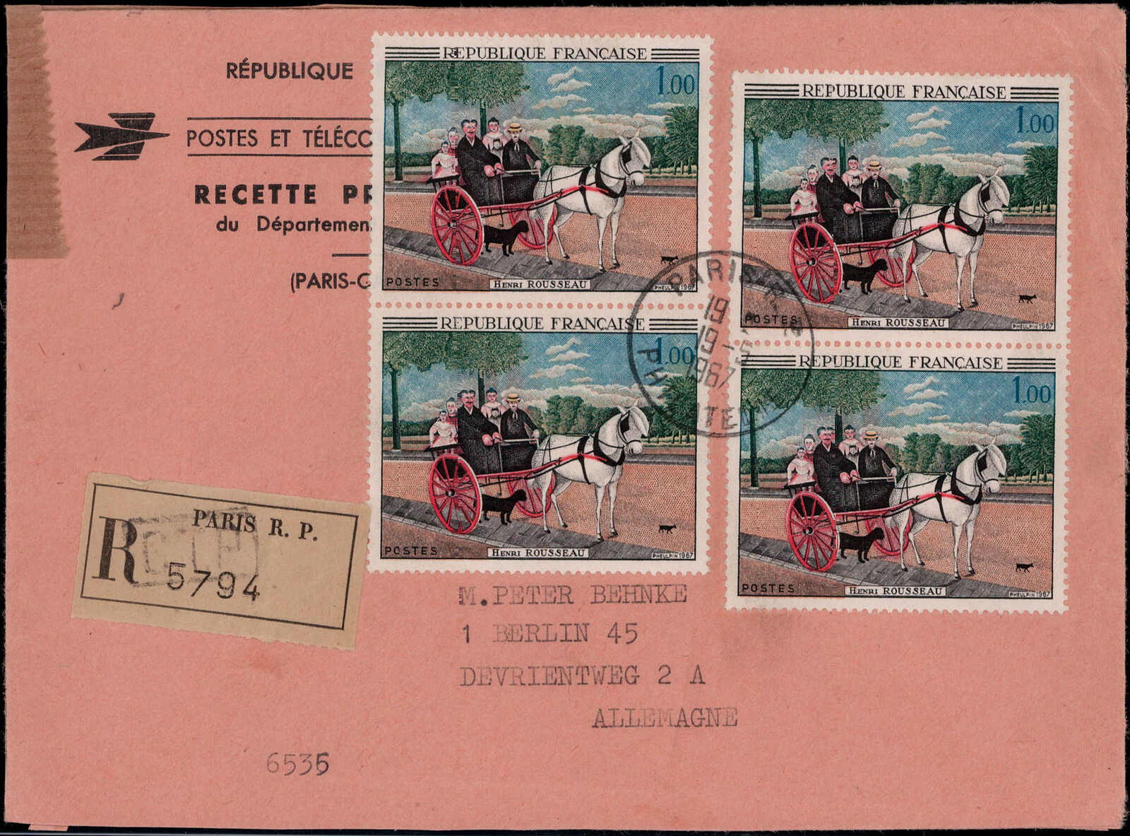 1 Fr. Kunst (4) als MEF. auf Reco.-Auslandsbrief  "PARIS" 1967 nach ...