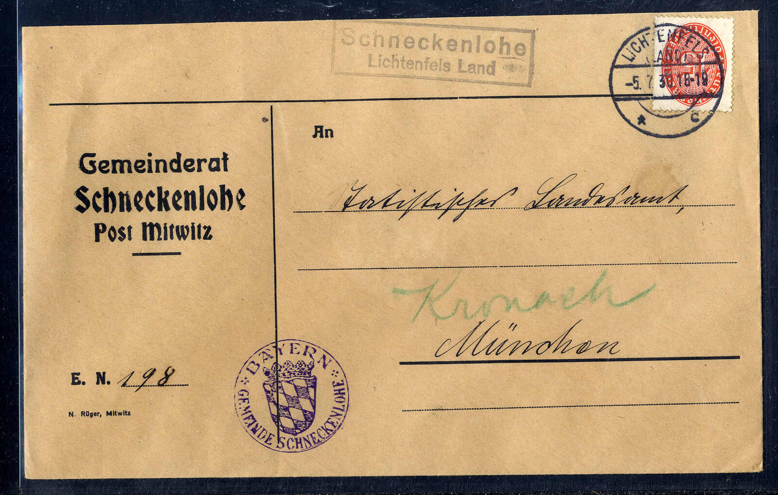 Schneckenlohe Lichtenfels Land  W-8620,  violetter Landpost R2 klar ...