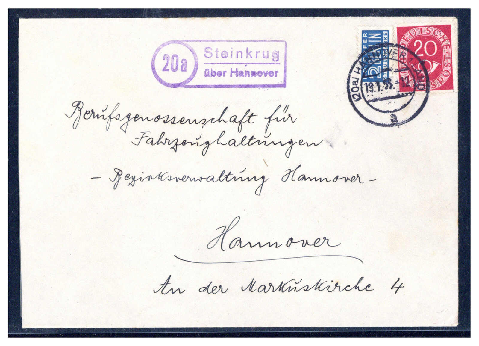 Steinkrug über Hannover  W-3257,  violetter Landpost R2 klar auf ...