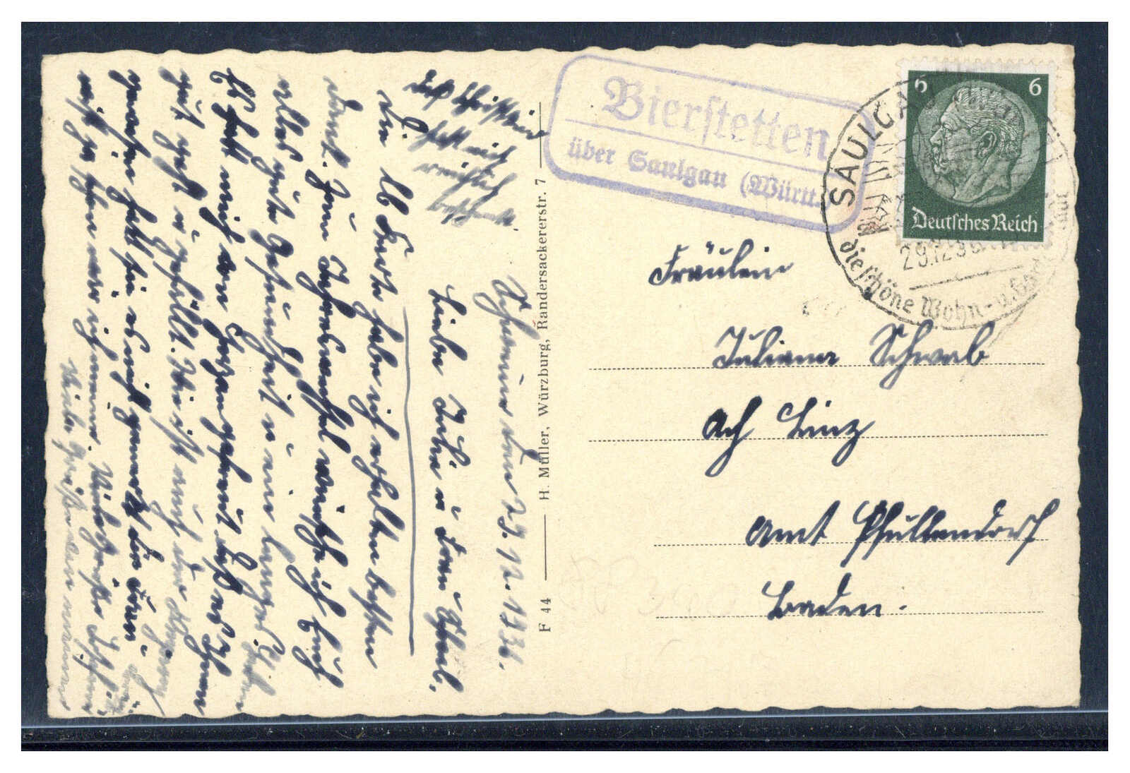 Bierstetten über Saulgau (Württ)  W-7968,  violetter Landpost R2 ...