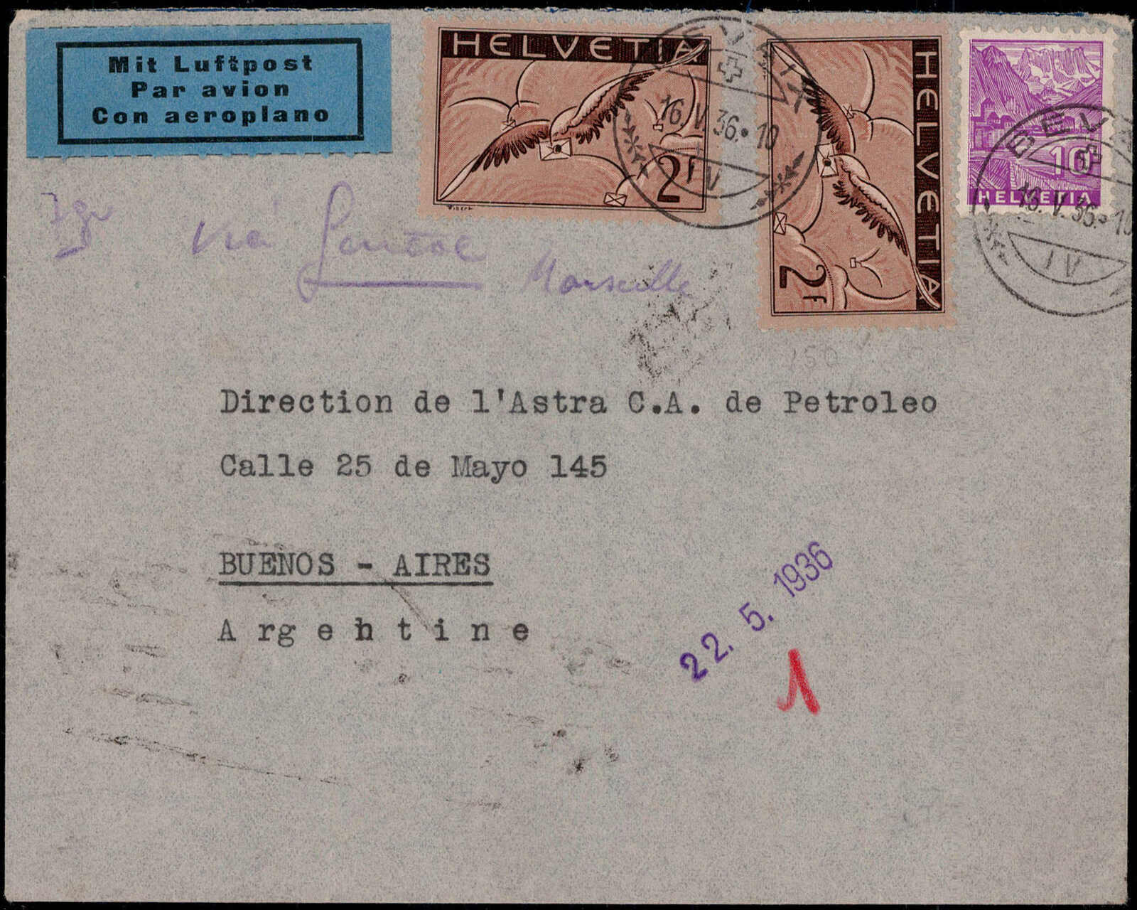 2 Fr. Brieftaube 1930 (2) nebst 10 C. Landschaften 1934 auf Lupo ...