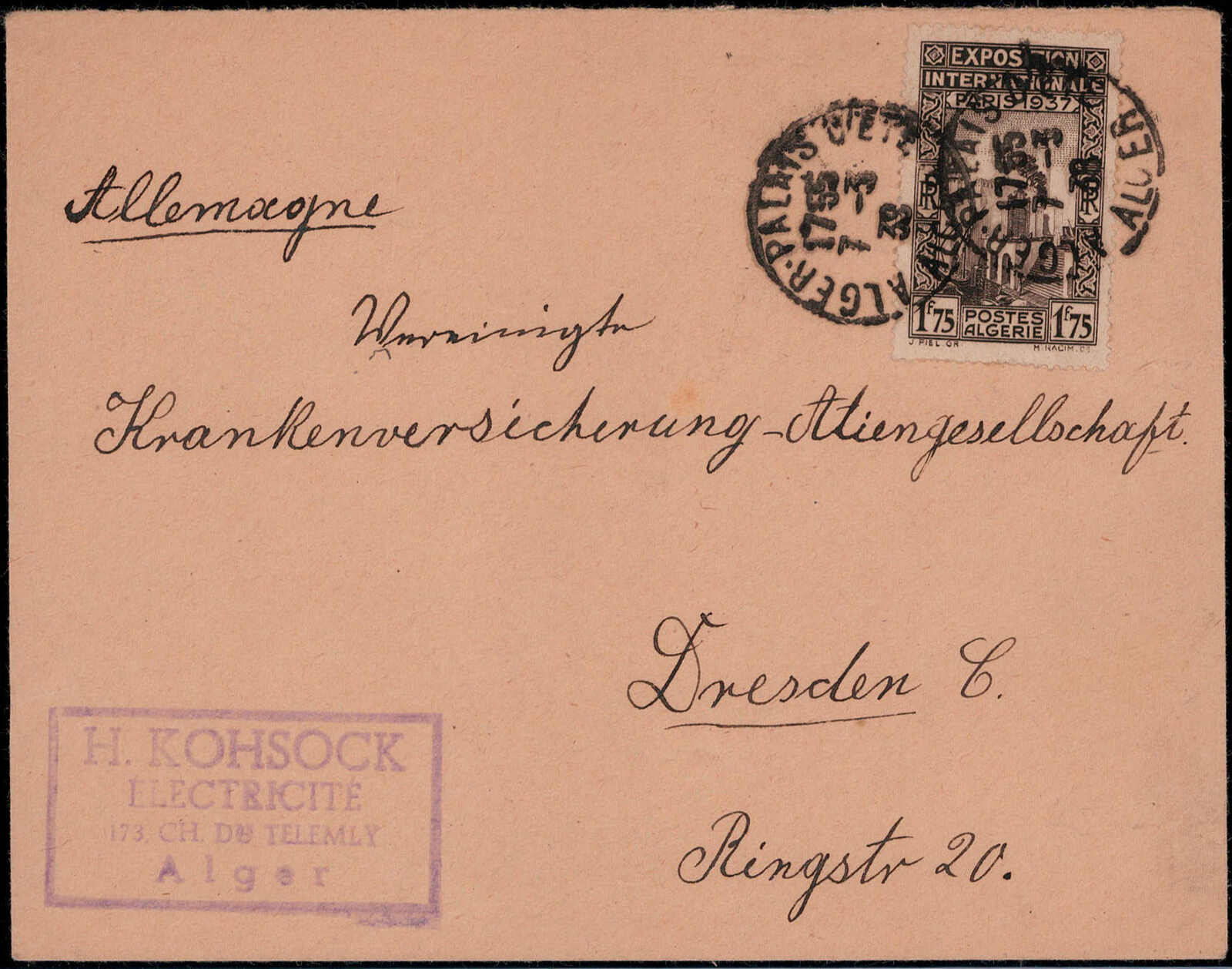 1.75 Fr. Weltausstellung Paris als EF. auf Auslandscouvert mit K1  ...