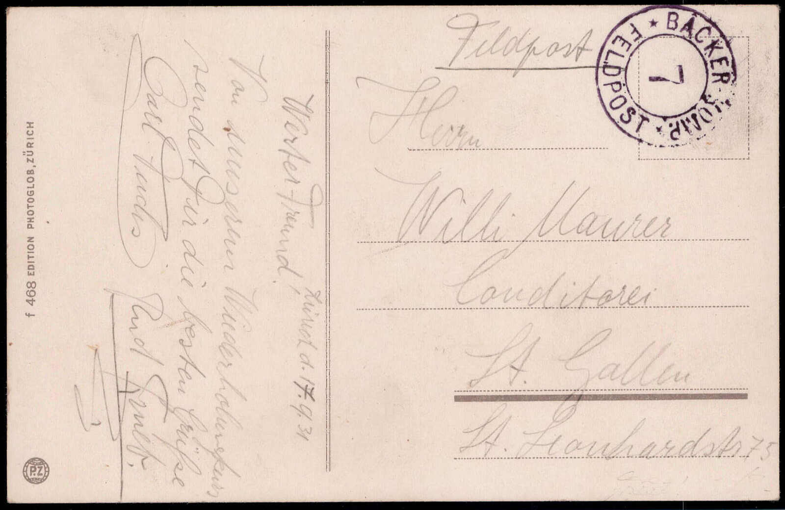 "BÄCKEREI KOMP.7",  K2 klar auf Feldpostkarte 1931 nach St. Gallen