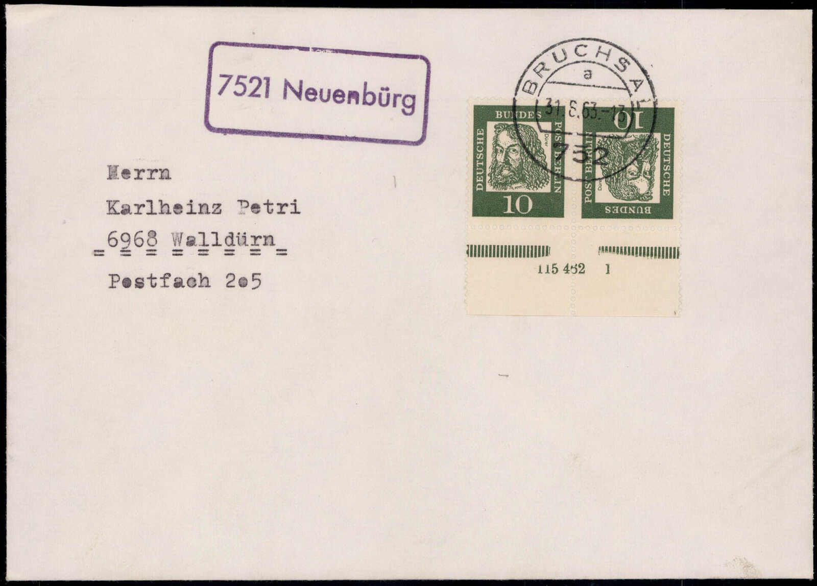 Neuenbürg  W-7521,  violetter Landpost R1  "7521 NEUENBÜRG" auf ...
