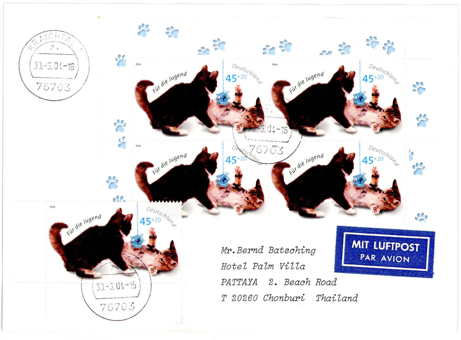 45+20 Pf. Katzen 2004 (5) als MEF. auf Lupo.-Auslandsbrief  ...