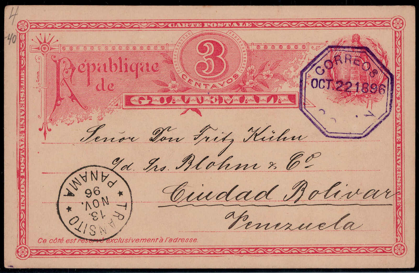 3 C. Staatswappen-Auslands-GA mit violettem Achteckstempel  "COBAN" ...