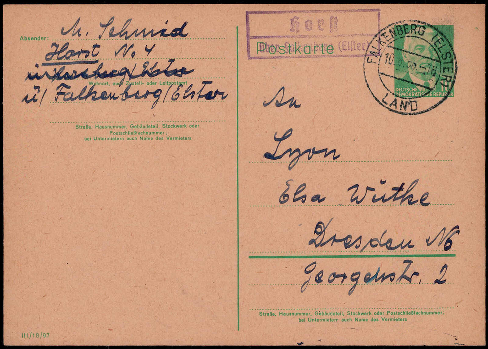 Horst über Falkenberg (Elster)  O-7900,  violetter Landpost R2 klar ...