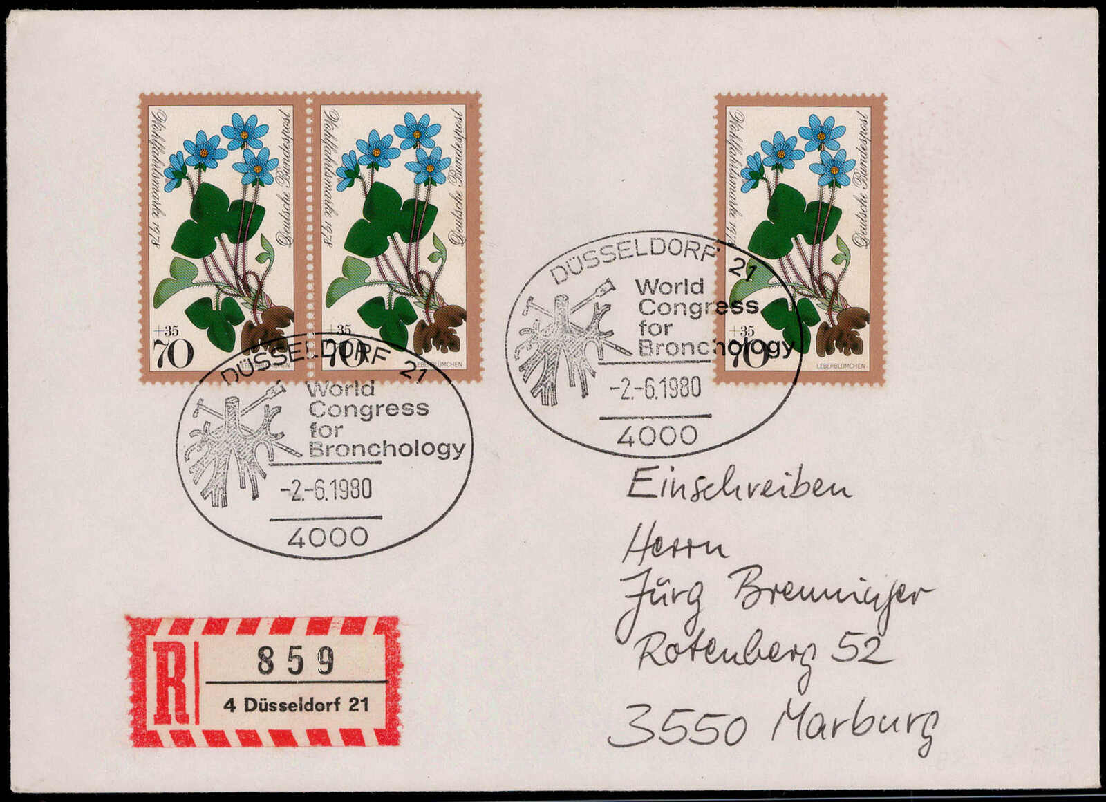 70+35 Pf. Leberblümchen 1978 (3) als MEF. auf portogerechtem Reco ...