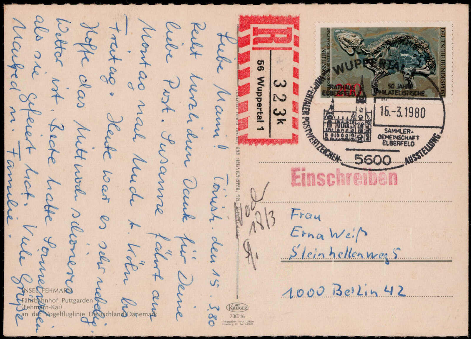 200 Pf. Fossilien 1978 als EF. auf portogerechter Reco.-Postkarte  ...