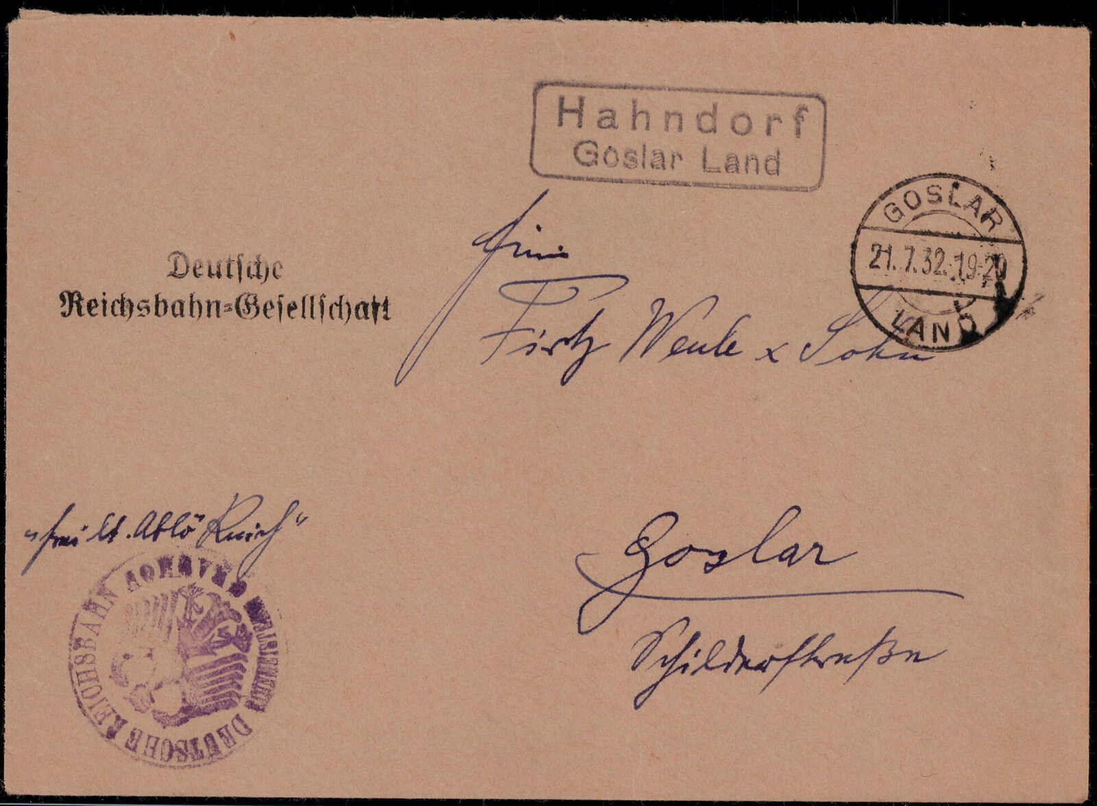 Hahndorf Goslar Land W-3380,   Landpost R2 glasklar auf Dienstcouvert ...