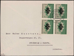 10 Pf. Dt. Turnbewegung 1958 im 4er.-Block als MEF. auf ...