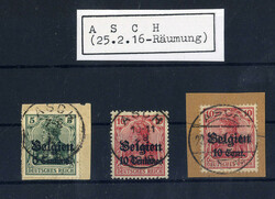 "ASCH",  K1 und Stegstempel auf drei Germania-Werten