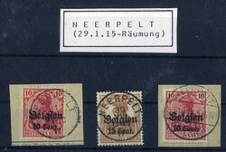 "NEERPELT", K1 und Stegstempel je klar auf drei Germania-Werten