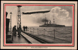 Wilhelmshaven  W-2970,  Hafenpartie mit Zeppelin und Kriegsschiff ...