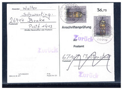 70+35 Pf. Gläser 1986 (2) als MEF. auf Anschriftenprüfkarte  ...