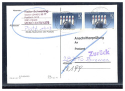 80+40 Pf. Kegeln 1985 (2) als MEF. auf Anschriftenprüfkarte  "BRAKE" ...