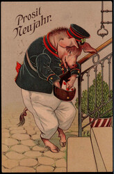 "PROSIT NEUJAHR" - Karte mit Abb. Schwein als Briefträger 1942  I-II