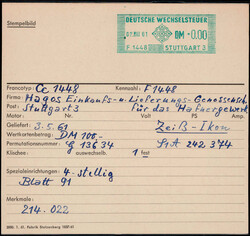 Stuttgart  W-7000,  Stempelkarte  "Deutsche Wechselsteuer 1961"