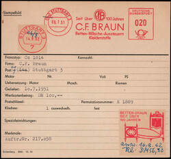 Stuttgart  W-7000,  Stempelkarte  "Betten-Wäsche C.F. Braun 1951/62"