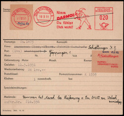 Stuttgart  W-7000,  Stempelkarte  "Pappen-Darmol Schillinger 1951"