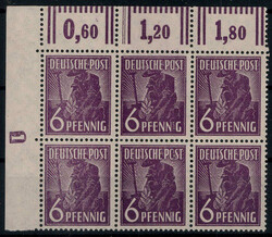 6 Pf. Arbeiter im ** Eckrand-6er.-Block mit negativem Druckerzeichen  ...