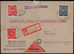 80Pf. , 60 Pf. und 8 Pf. Ziffern auf Reco.-NN-Brief  "CALBE (SAALE)"  ...