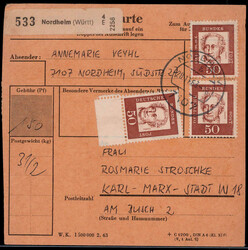 50 Pf. Goethe (3) dabei Unterrandstk. als MEF. auf Paketkarte  ...