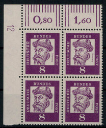 8 Pf. Gutenberg im ** Eckrand-4er.-Block mit Druckerzeichen  "12"  ...