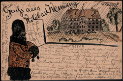 Handbemalte 5 Pf. Rauten-GA mit Abb.  "Wildbad Wemding im Regen" und ...