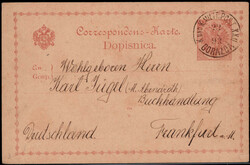 "GORAZOA",  K1 klar auf 2 Kr. Wappen-Auslands-GA 1893 nach Frankfurt ...