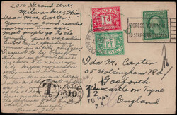 1/2 P. und 1 P. Nachporto 1914 auf Auslands-AK "MILWAUKEE" 1922 nach ...